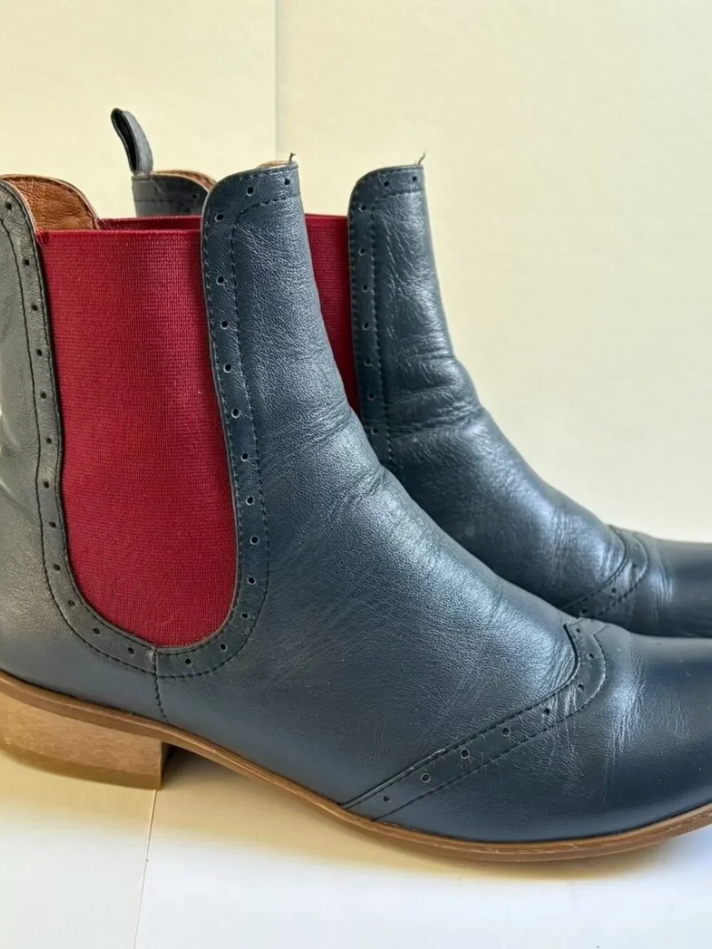 Julia Bo Custom Handmade Navy Leather & Burgundy Wingtip Chelsea Ankle Boots